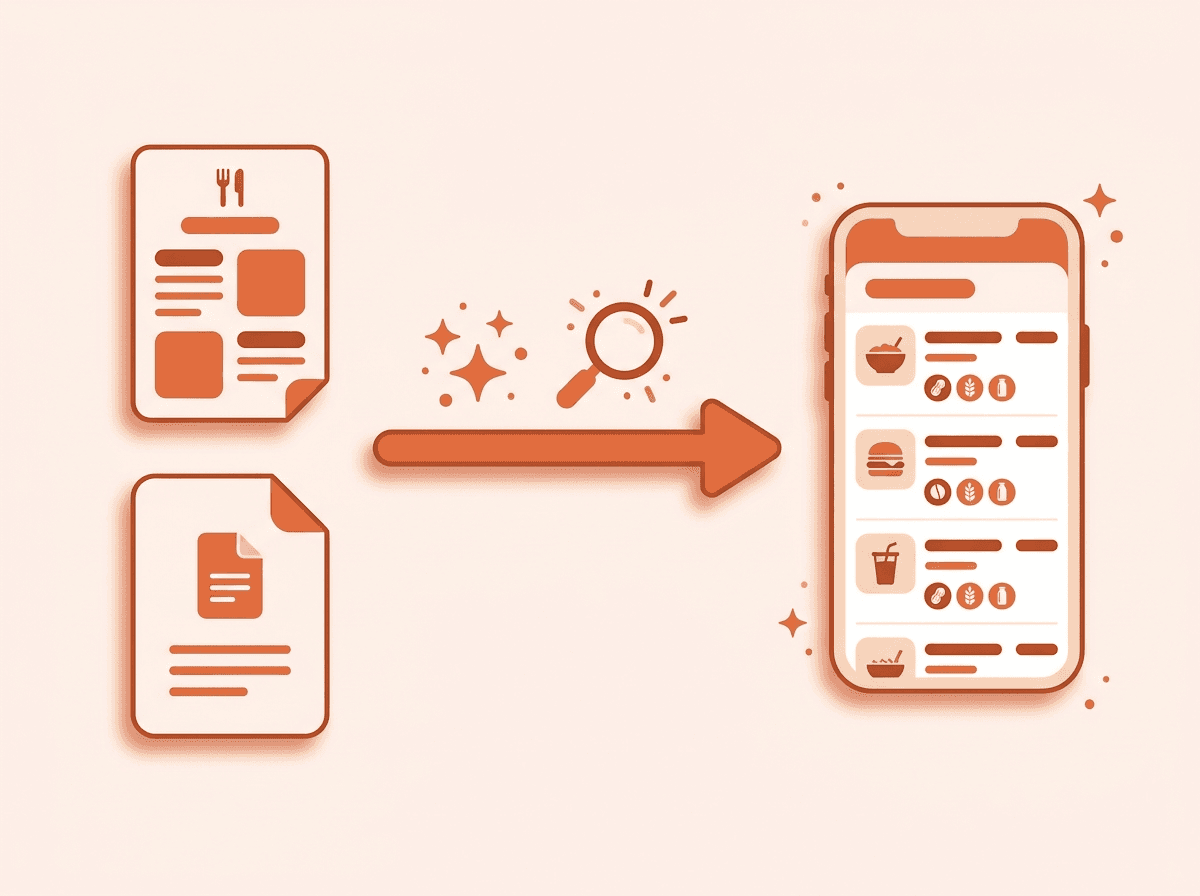 Add dishes manually or use AI to import from a photo or PDF. Categories, prices and allergens are detected automatically.
