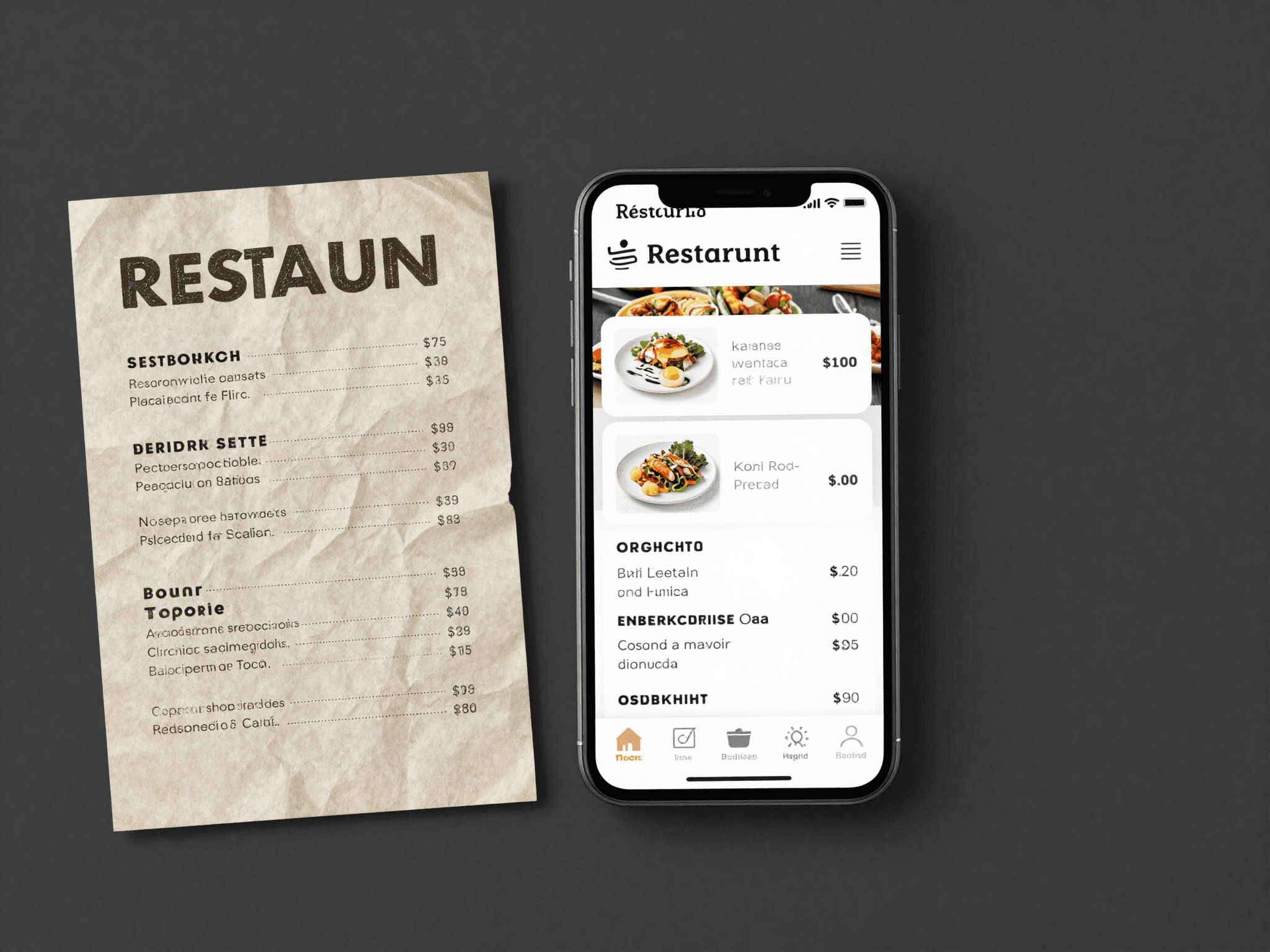 Old paper menu on the left, a modern digital menu app on a smartphone on the right