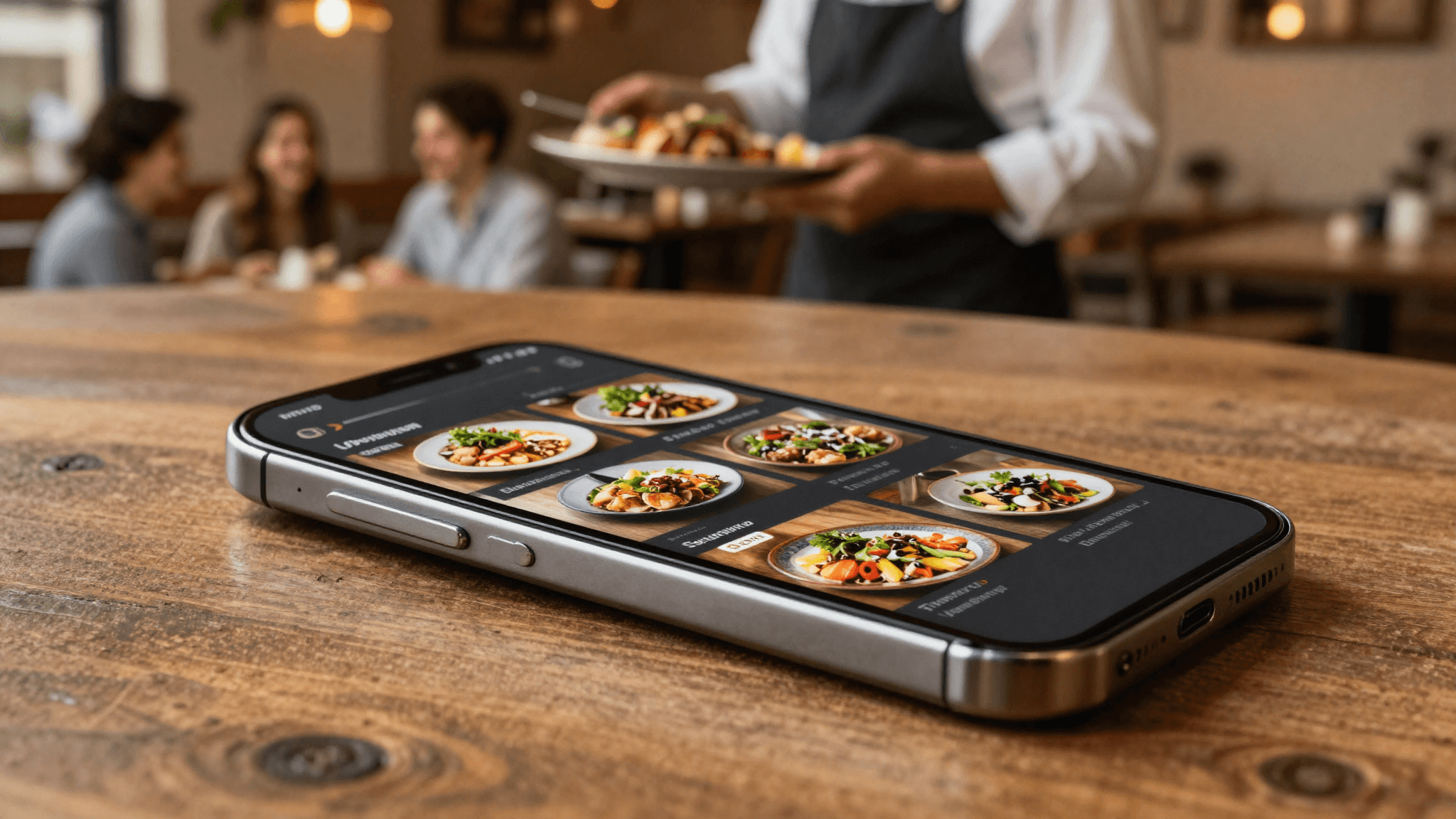 Smartphone showing the Menuxio digital menu on a restaurant table, a waiter serving guests in the background